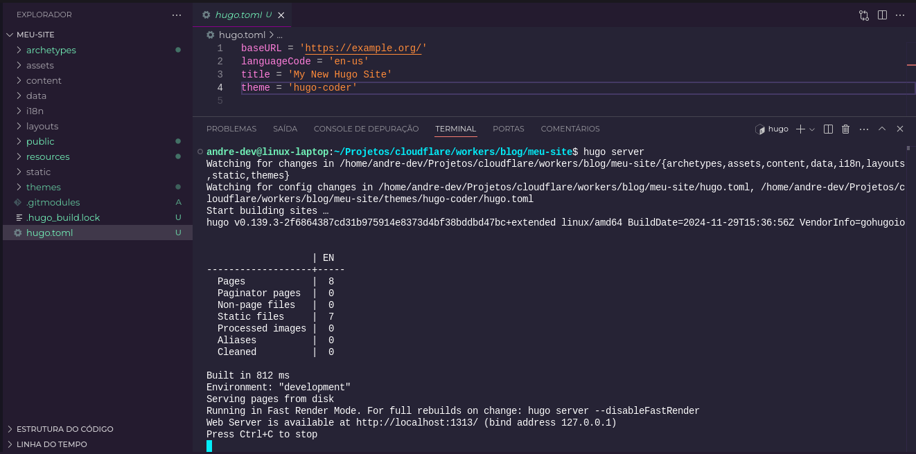 Primeira inicialização do servidor Hugo